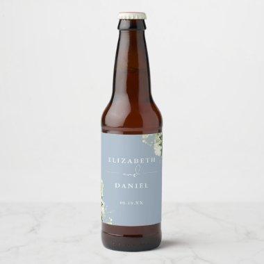 Elegant Dusty Blue Floral Greenery Wedding Beer Bottle Label