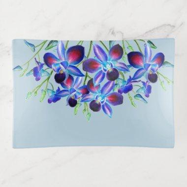 Elegant Dusty Blue Floral Orchids Watercolor Trinket Tray