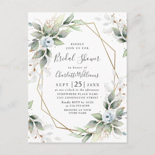 Elegant Dusty Blue Foliage Bridal Shower Invitations