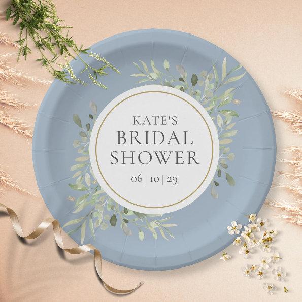 Elegant Dusty Blue Gold Greenery Bridal Shower Paper Plates