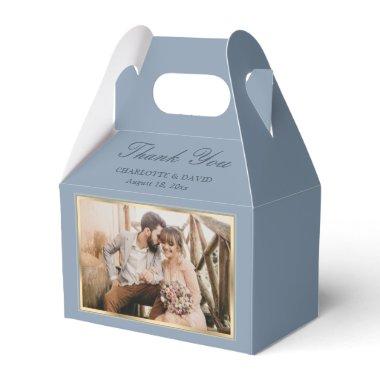 Elegant Dusty Blue Gold Wedding Photo Thank You Favor Boxes