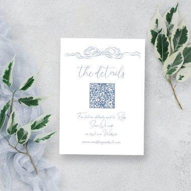 Elegant Dusty Blue Hand Drawn Bow QR Code Details Enclosure Invitations