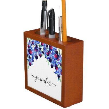 Elegant Dusty Blue Orchids Floral Name Script Desk Organizer