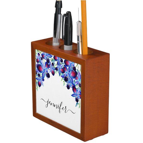 Elegant Dusty Blue Orchids Floral Name Script Desk Organizer