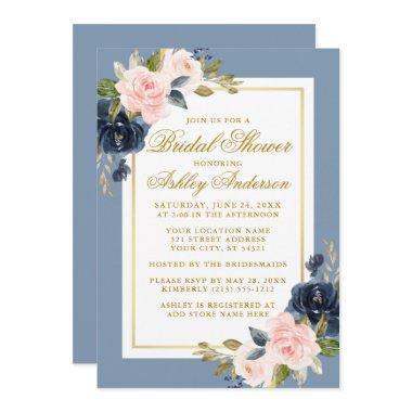 Elegant Dusty Blue Pink Floral Bridal Shower Gold Invitations