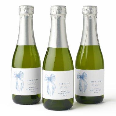 Elegant Dusty Blue Ribbon Bow  Sparkling Wine Label