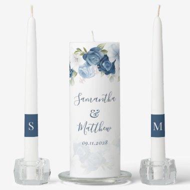 Elegant Dusty Blue Script Floral Wedding Unity Candle Set