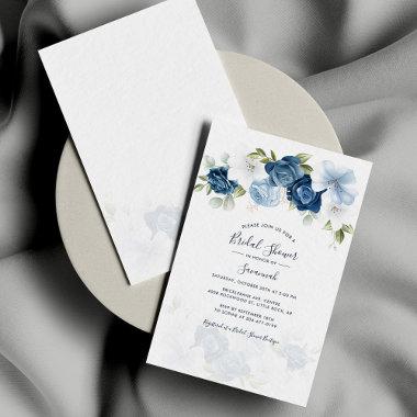 Elegant Dusty Blue Watercolor Floral Bridal Shower Invitations