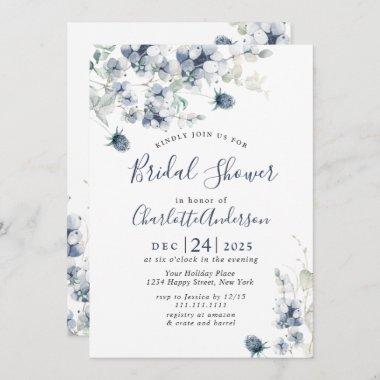 Elegant Dusty Blue Winter Foliage BRIDAL SHOWER Invitations