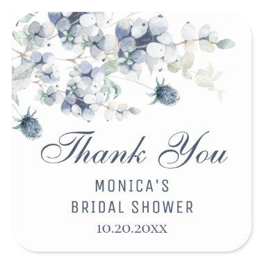 Elegant Dusty Blue Winter Foliage Bridal Shower Square Sticker