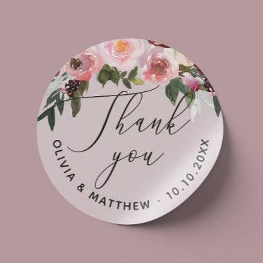 Elegant dusty pink rose. Floral wedding thank you Classic Round Sticker