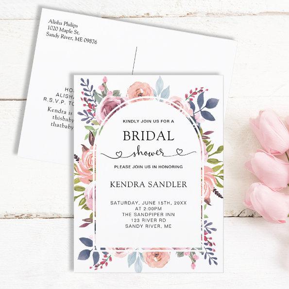 Elegant Dusty Pink Watercolor Floral Bridal Shower Invitation PostInvitations