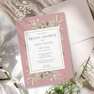 Elegant Dusty Rose Gold Greenery Bridal Shower Invitations