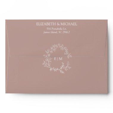 Elegant Dusty Rose Leafy Crest Monogram Wedding Envelope