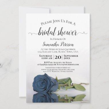 Elegant Dusty Steel Blue Rose Bridal Shower Invitations