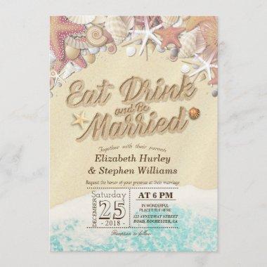 Elegant EAT Drink Be Married Summer Beach Wedding Invitations