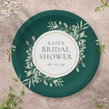 Elegant Emerald Gold Greenery Bridal Shower Paper Plates