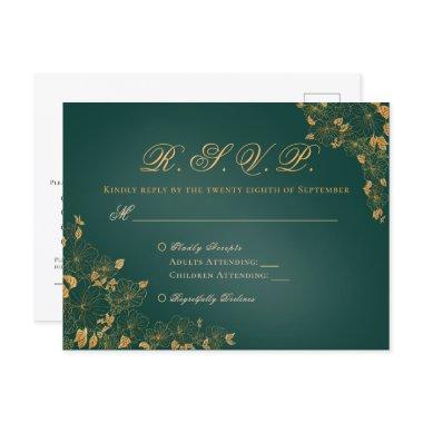 Elegant Emerald Green & Gold Floral Wedding RSVP Post