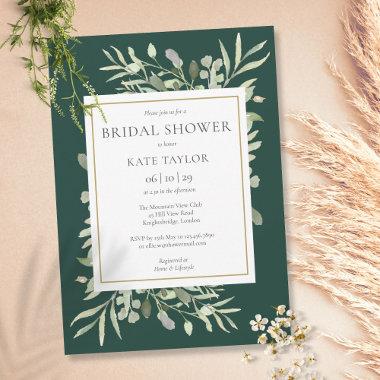 Elegant Emerald Green Gold Greenery Bridal Shower Invitations