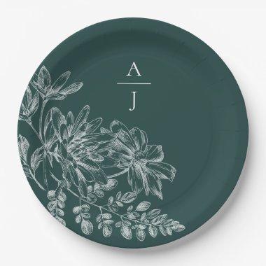 Elegant Emerald Green Monogram Floral Paper Plates