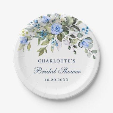 Elegant Eucalyptus Blue Floral Roses  Paper Plates