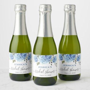 Elegant Eucalyptus Blue Hydrangea Bridal Shower Sparkling Wine Label