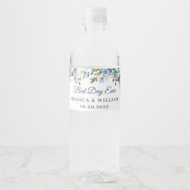 Elegant Eucalyptus Blue Roses Best Day Ever Water Bottle Label