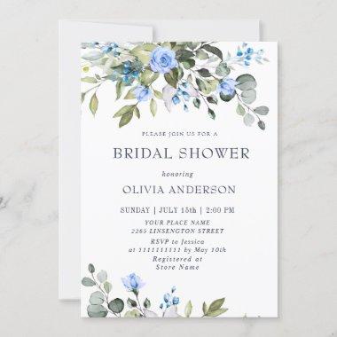 Elegant Eucalyptus Blue Roses BRIDAL SHOWER Invitations