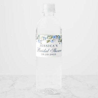 Elegant Eucalyptus Blue Roses Bridal Shower Water Bottle Label