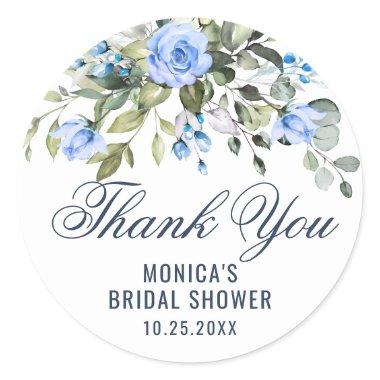 Elegant Eucalyptus Blue Roses Floral Thank You Classic Round Sticker