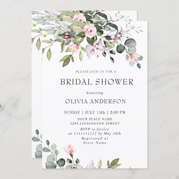 Elegant Eucalyptus Blush Roses BRIDAL SHOWER Invitations