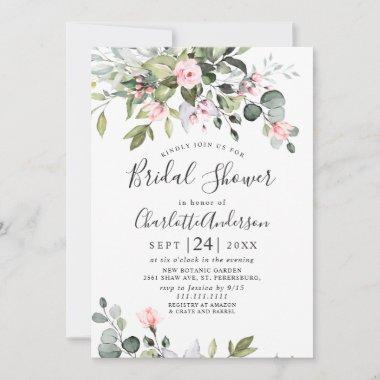 Elegant Eucalyptus Blush Roses Bridal Shower Invitations