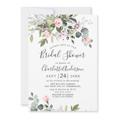 Elegant Eucalyptus Blush Roses Bridal Shower Invitations