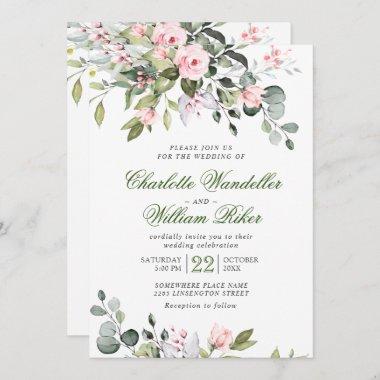 Elegant Eucalyptus Blush Roses Greenery Wedding Invitations