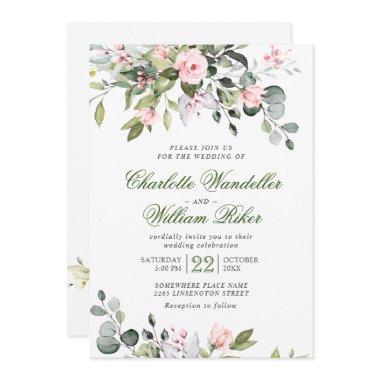 Elegant Eucalyptus Blush Roses Greenery Wedding Invitations