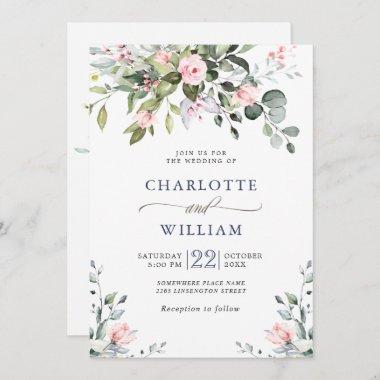 Elegant Eucalyptus Blush Roses Greenery Wedding Invitations