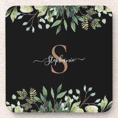 Elegant Eucalyptus Botanical Gold Monogram Script Beverage Coaster