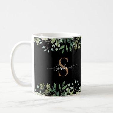 Elegant Eucalyptus Botanical Gold Monogram Script Coffee Mug