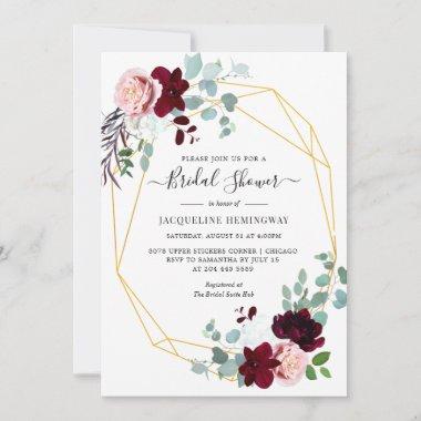 Elegant Eucalyptus Burgundy Floral Bridal Shower Invitations