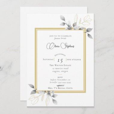 Elegant Eucalyptus Calligraphy Gold Bridal Shower Invitations