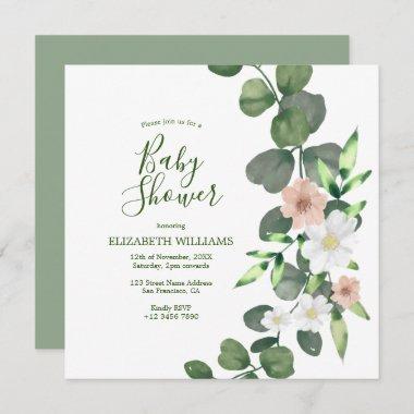 Elegant Eucalyptus Floral Baby Shower Invitations