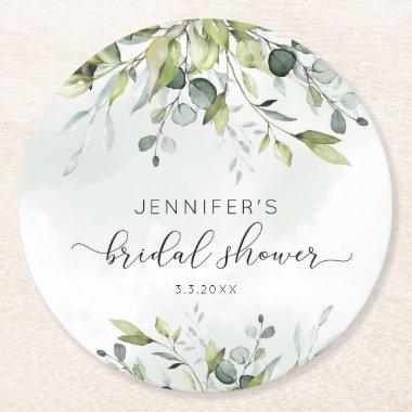 Elegant eucalyptus foliage bridal shower round paper coaster