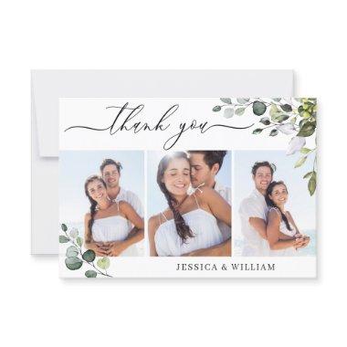 Elegant Eucalyptus Greenery 3 PHOTO Wedding Thank You Invitations