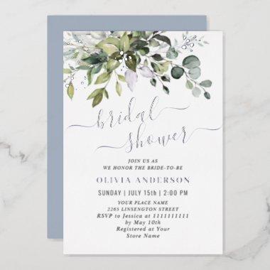 Elegant Eucalyptus Greenery Bridal Shower Silver F Foil Invitations