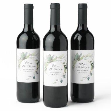 Elegant Eucalyptus Greenery Gold Mr. & Mrs. Wine Label