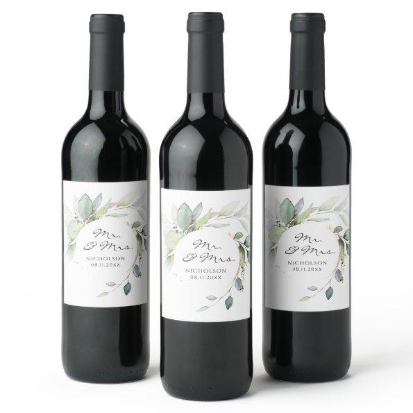 Elegant Eucalyptus Greenery Gold Mr. & Mrs. Wine Label