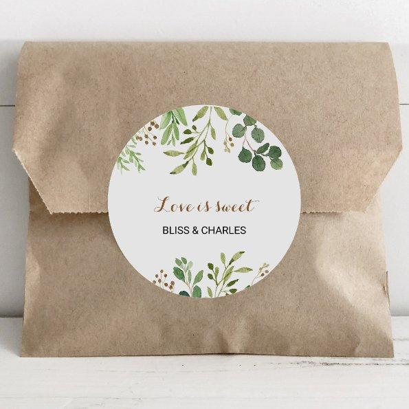 Elegant Eucalyptus Greenery Love is Sweet Wedding Classic Round Sticker