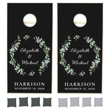 Elegant Eucalyptus Greenery Wedding Black Cornhole Set