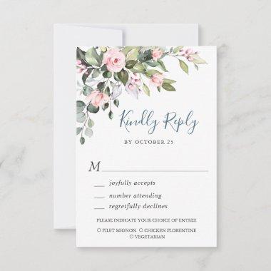 Elegant Eucalyptus Pink Blush Roses Wedding RSVP Card