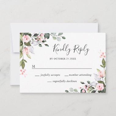 Elegant Eucalyptus Pink Blush Roses Wedding RSVP Card